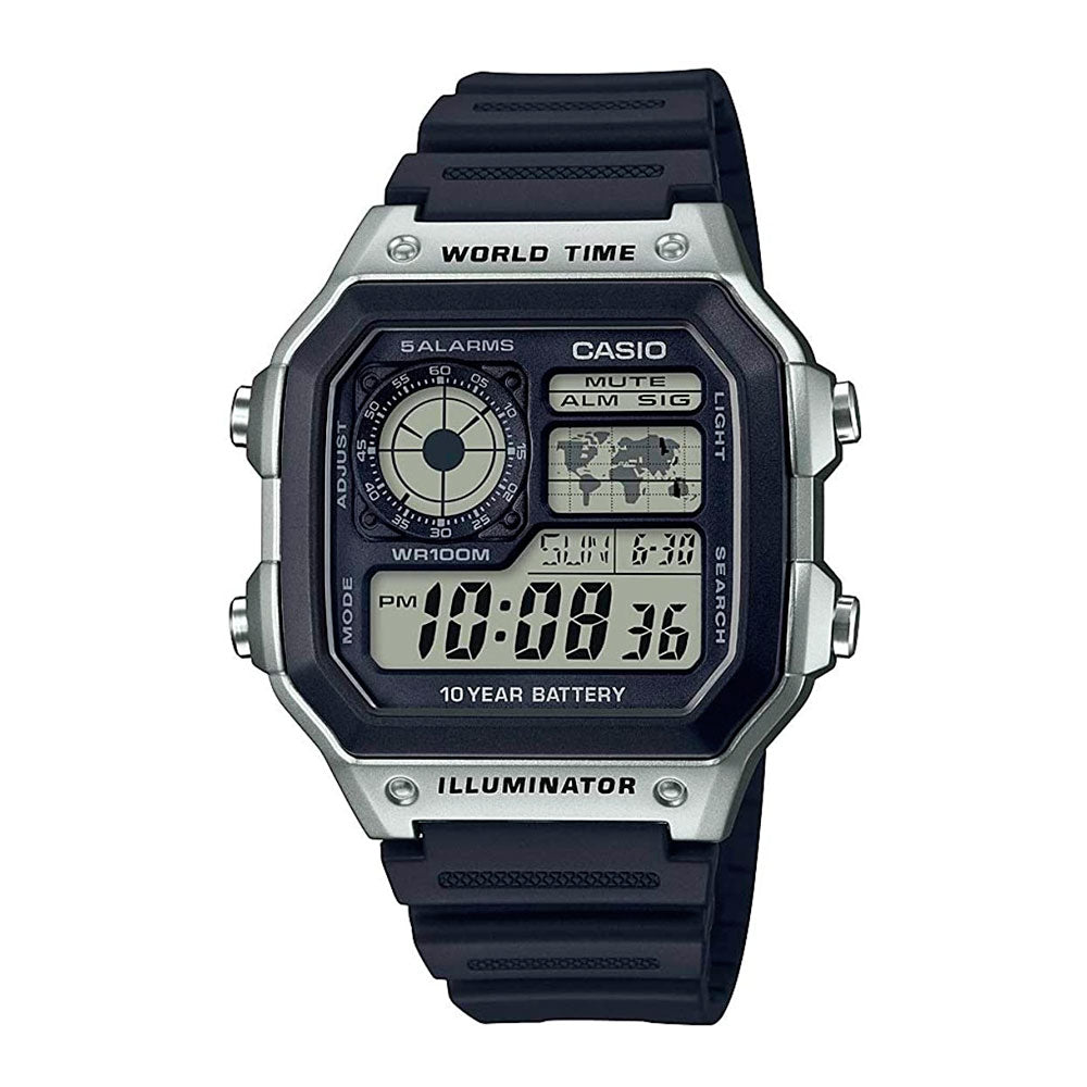 Reloj Casio World Time Royale Vintage AE-1200WH-1CV Plateado/Negro